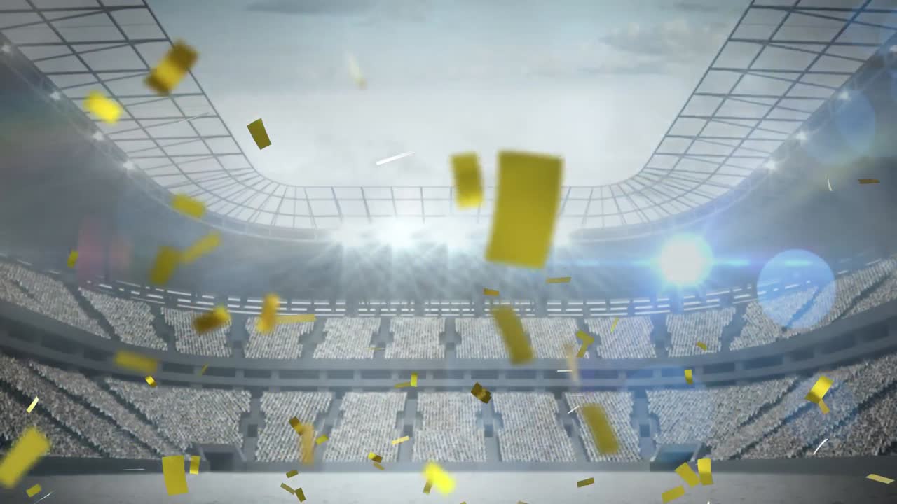 Animation of gold confetti falling over sports stadium