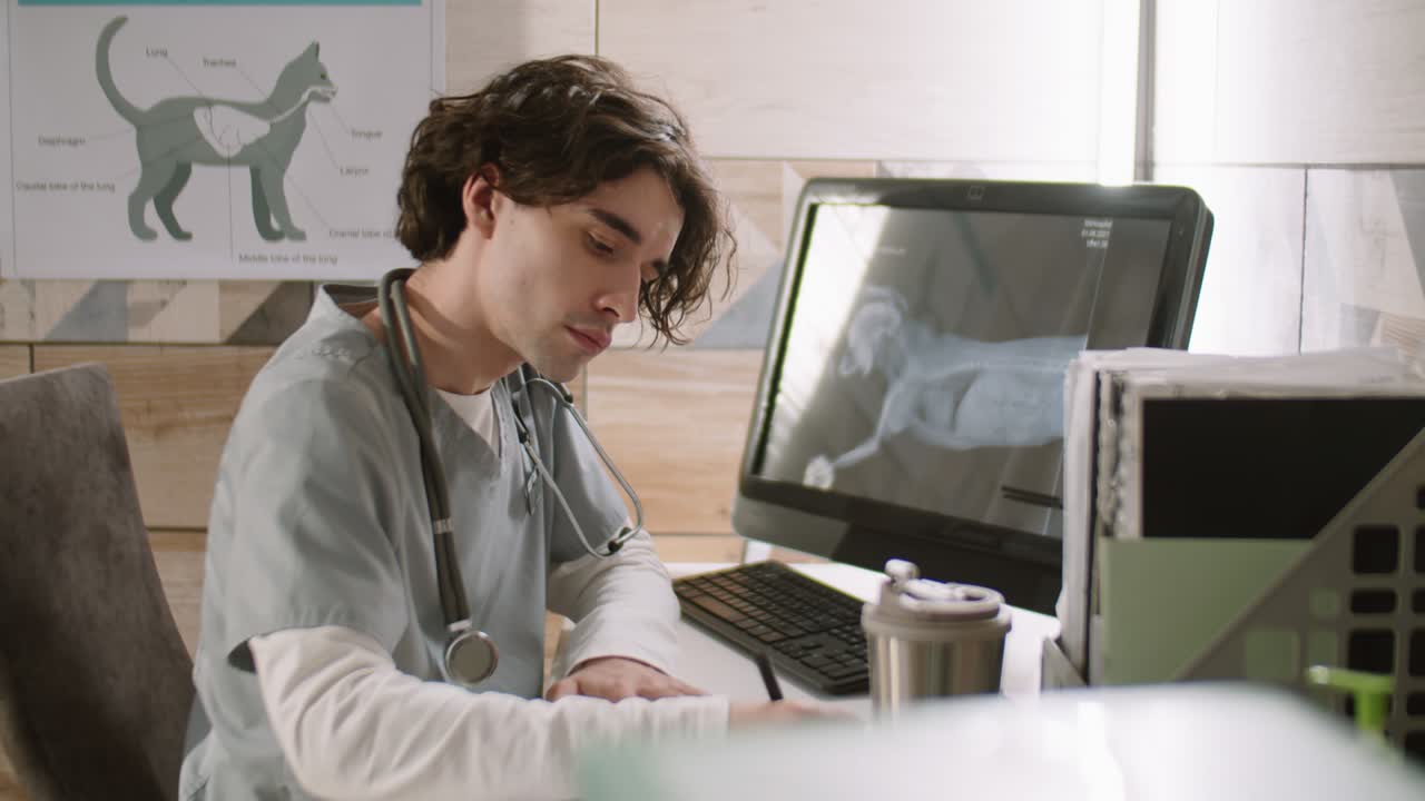 veterinario macho examinando las radiografías del perro y tomando notas
