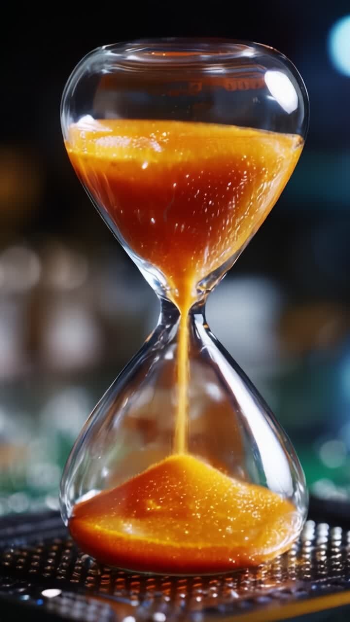 Captivating Hourglass Displaying Golden Liquid Movement: The Dance of Time and Transformation Captured in Two Splendid Frames, Revealing Beauty in Simplicity