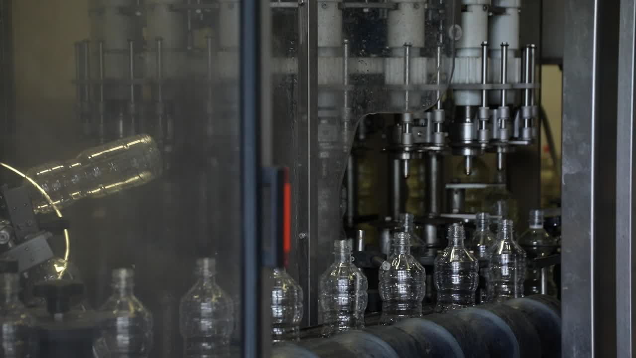 Plastic Bottles on a Conveyor Belt Line at a Factory Being Filled with Vinegar