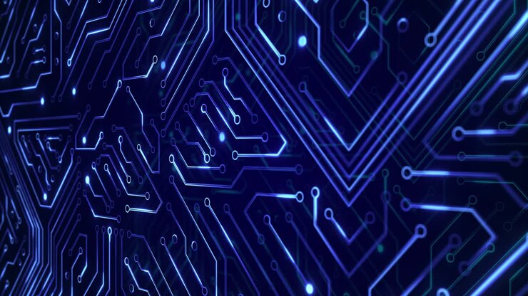 Loop continuo 4K, sfondo astratto futuristico con circuito elettronico, flusso di segnali elettrici.