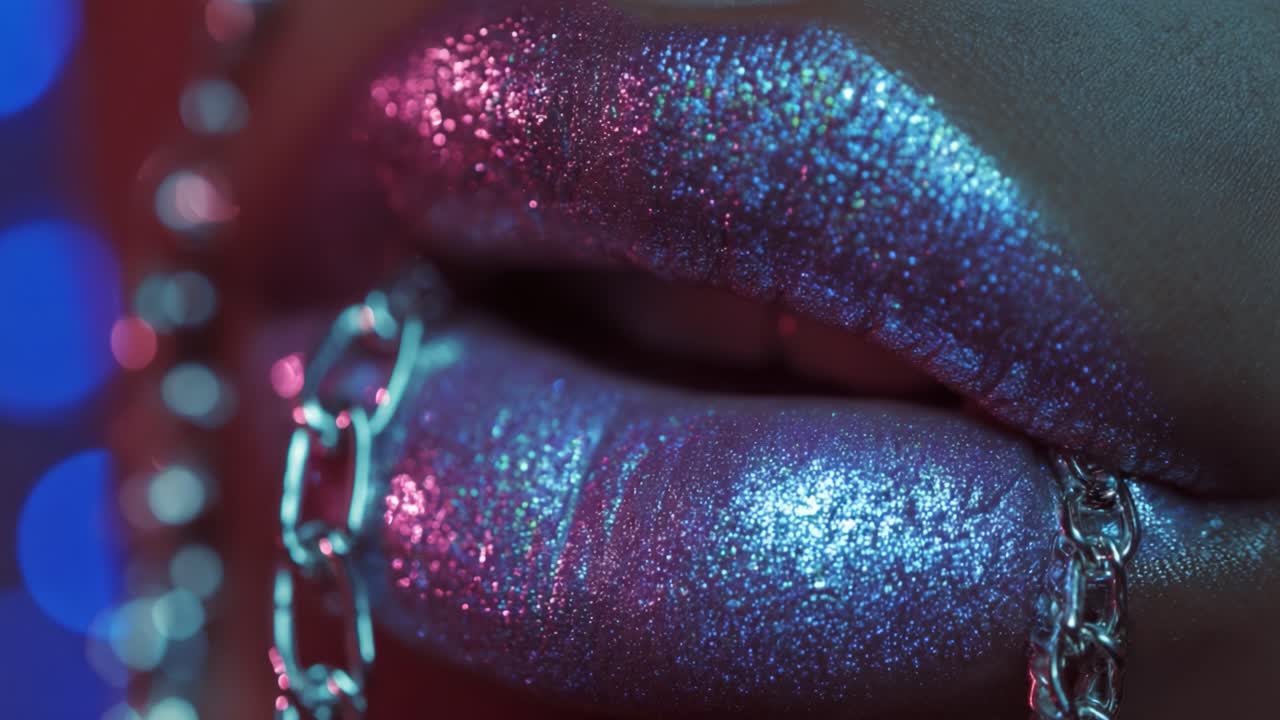 Captivating Close-Up of Glittering Lips Adorned with Chains, Showcasing a Vivid Array of Colors and a Stunning Shine, Perfect for Highlighting Beauty and Glamour in Modern Aesthetic Photography