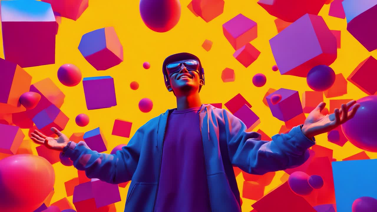 A vibrant and dynamic scene featuring a person wearing sunglasses, surrounded by colorful spheres and geometric shapes against a bright background, showcasing creativity, joy, and a sense of freedom