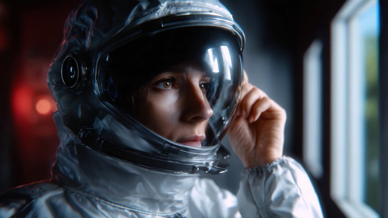 Kontemplujący astronauta spogląda przez okno statku kosmicznego, rozmyślając o bezmiarze kosmosu, pogrążony w myślach o wszechświecie i przyszłej eksploracji