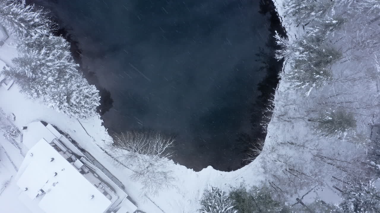 나무, 조용한 물, 그리고 아한 집을 보여주는 호수변 풍경의 눈 인 공중 풍경