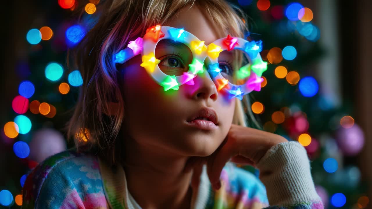 A Child's Dreamy Gaze with Colorful Star Glasses Amidst a Mystical Background of Multicolored Christmas Lights, Invoking Joy and Holiday Spirit in the Air