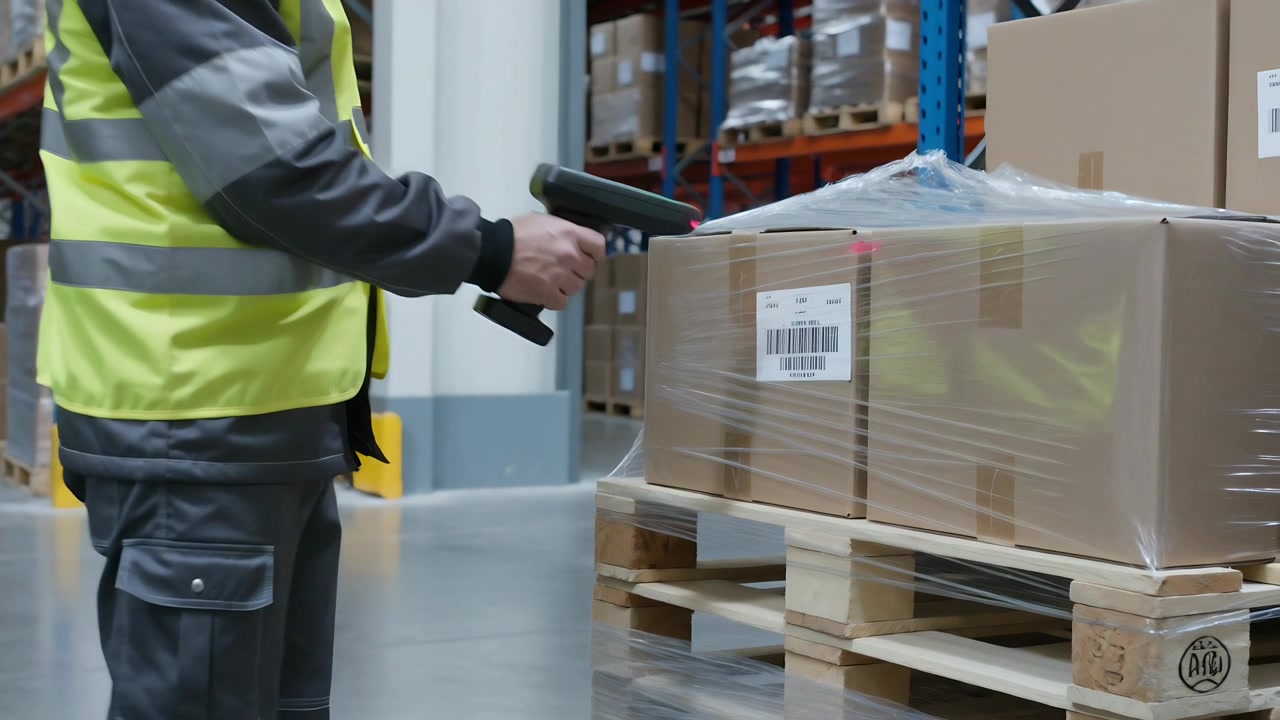 Warehouse worker in hi-vis vest moving around pallet scanning barcodes with scanner during picking