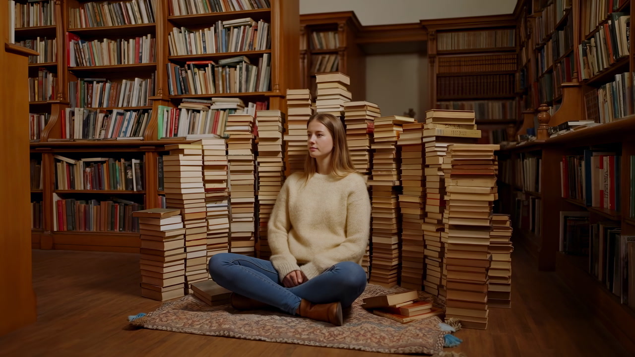 Young White Woman Sitting In Library Surrounded By Towering Stacks Of Vintage Books, Wearing Cream Sweater