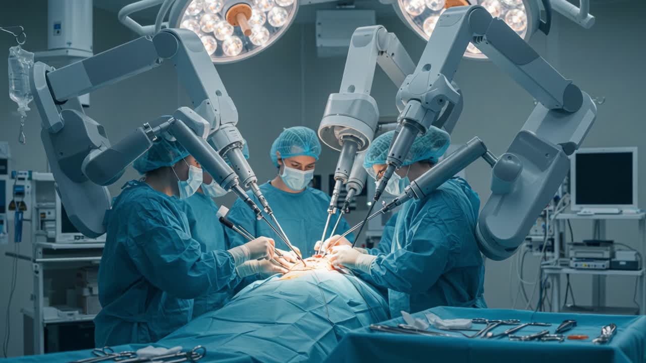 A High-Tech Surgical Procedure: Advanced Robotics Assisting Surgeons in an Operating Room, Showcasing Precision and Collaboration During a Complex Operation