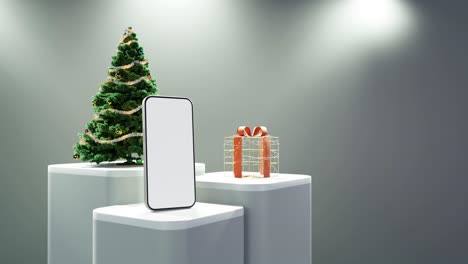 Smartphone,-Weihnachtsbaum-Und-Verpacktes-Geschenk-Auf-Weißem-Hintergrund