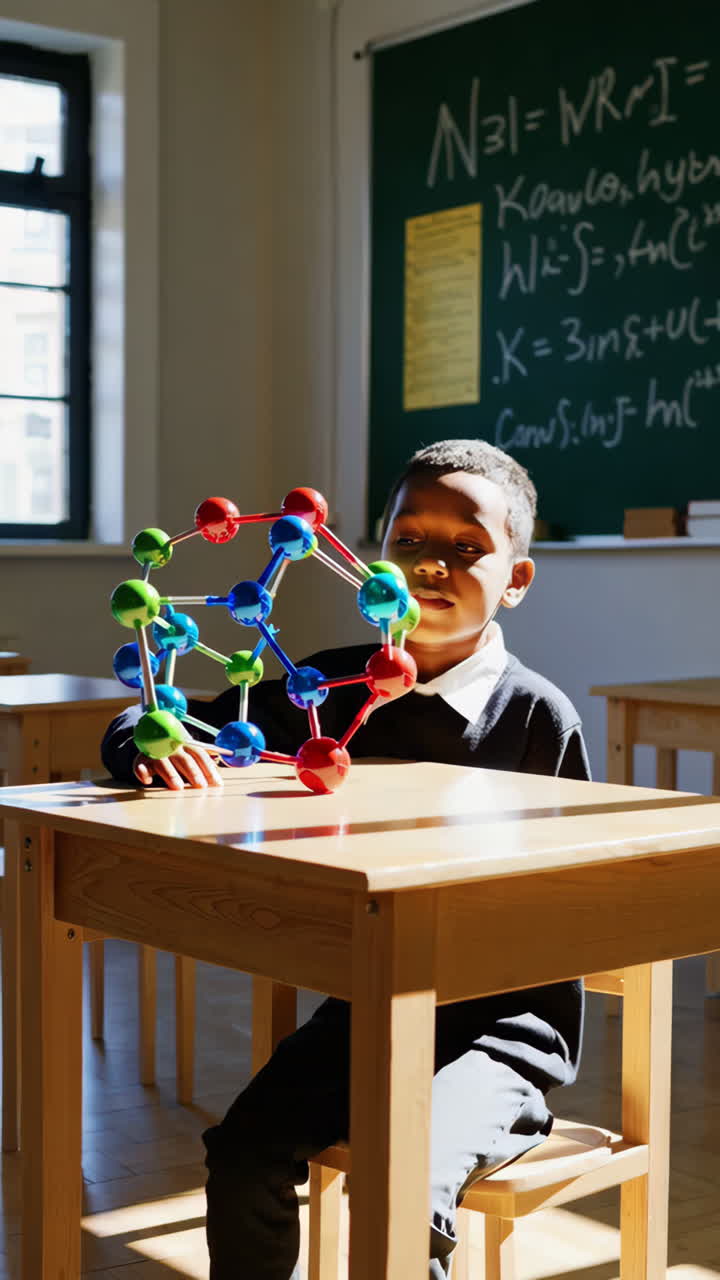 A young student examining a molecular model in a sunlit classroom