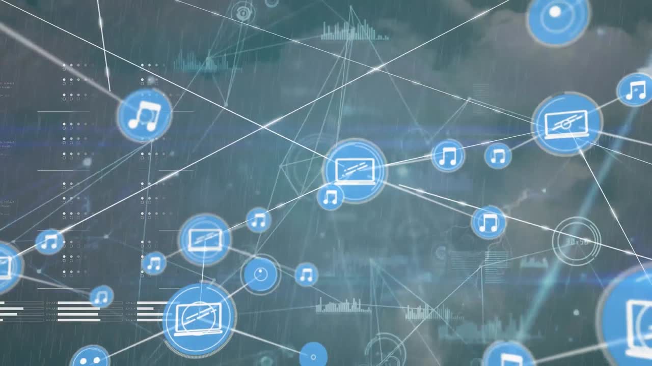 디지털 아이콘 네트워크의 애니메이션과 하늘의 빛의 반점과 구름에 대한 데이터 처리