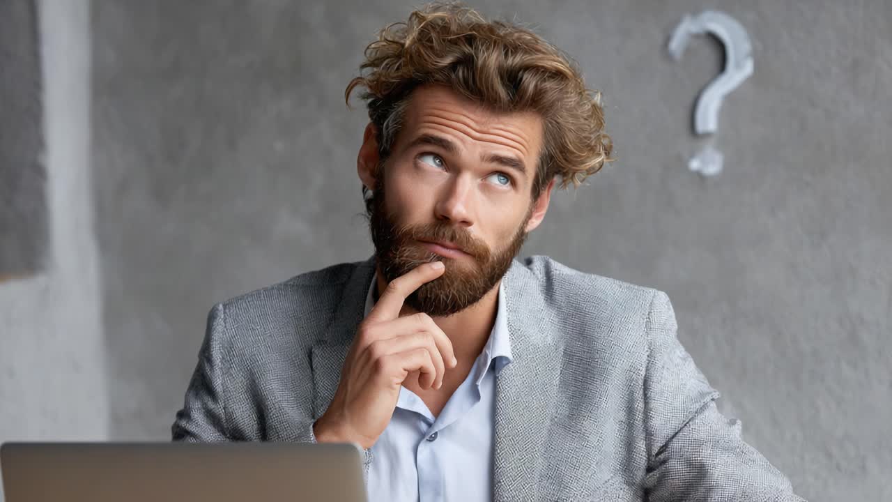 A Thoughtful Man Ponders His Next Steps While Sitting at a Laptop, Capturing a Moment of Deep Reflection and Curiosity in an Office Environment