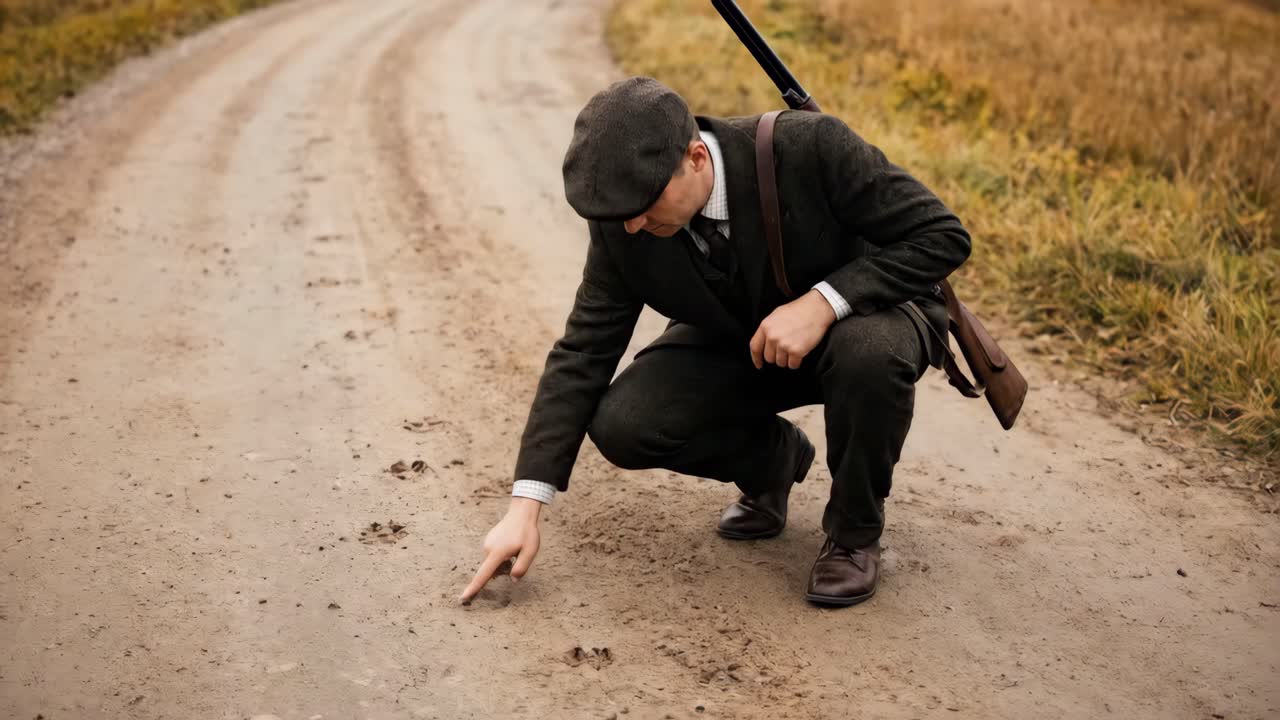 Caçador examinando pegadas na estrada rural de outono
