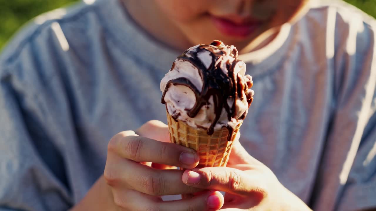 Child enjoys a delicious ice cream cone, focusing on the creamy texture and chocolate drizzle, capturing the joy of a sunny day treat