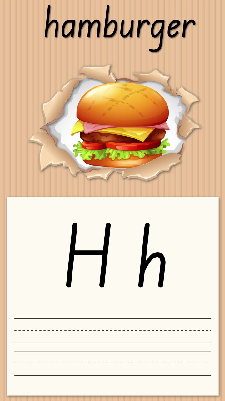 Animazione educativa di un hamburger e della lettera H