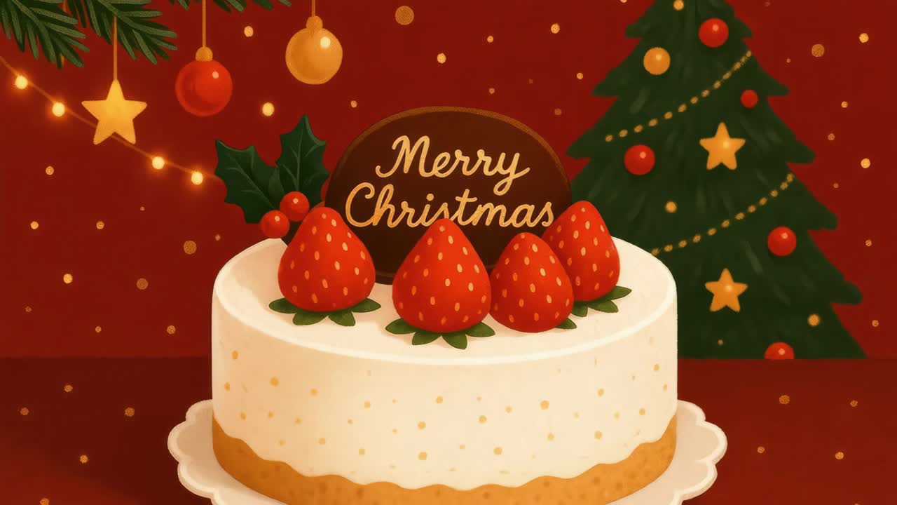 Festive Christmas cake with strawberries, shot from a front angle