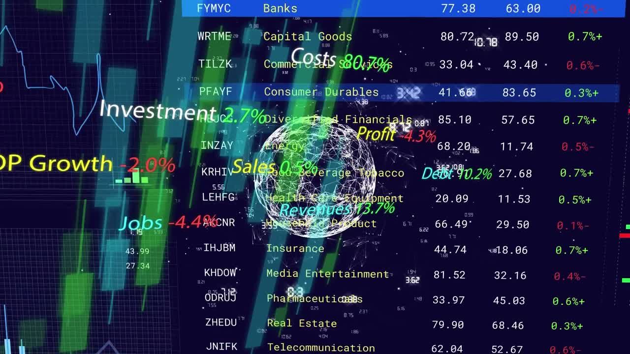 Animation of financial data processing over globe with connections