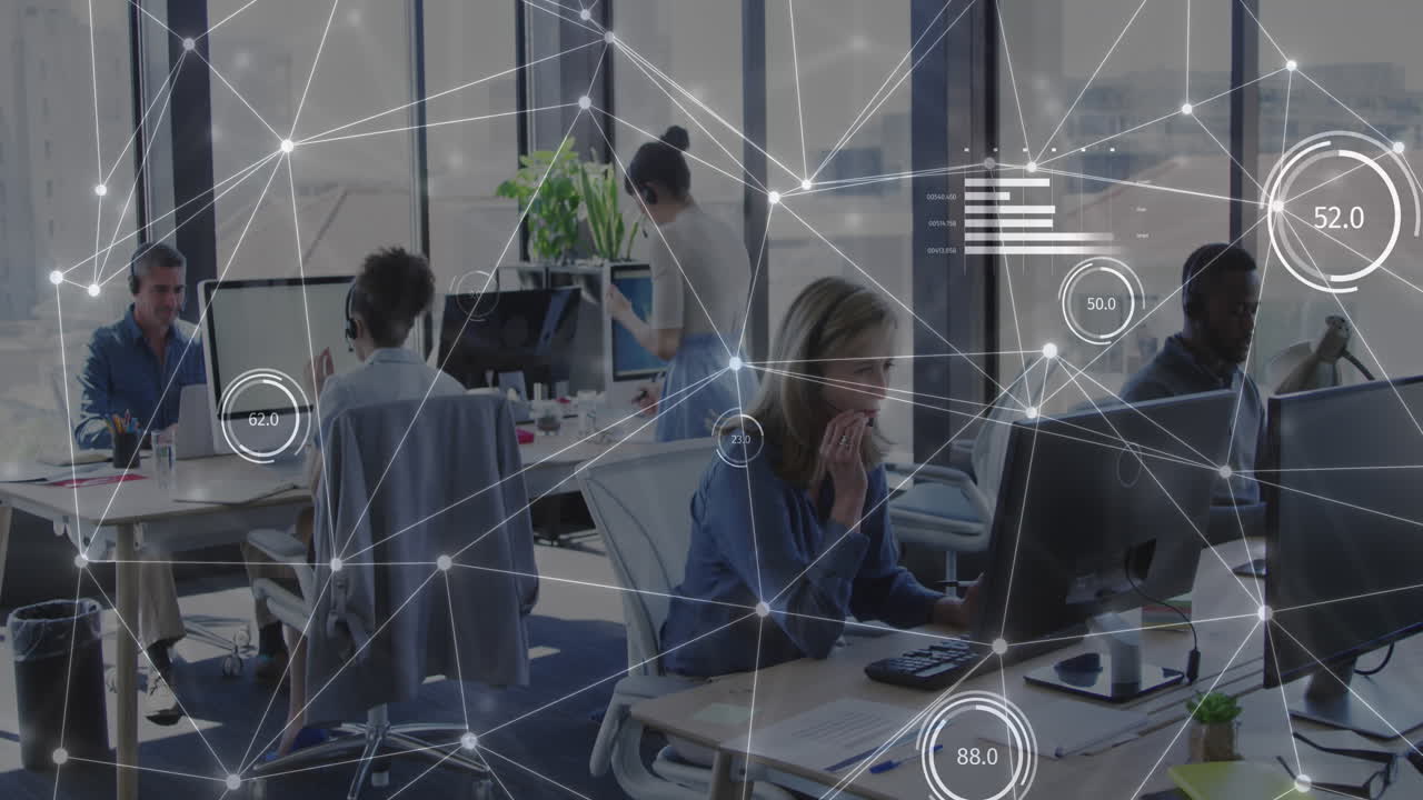 사무실에서 다양한 사업가들에 대한 연결 네트워크의 활성화