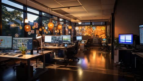 late evening workspace featuring multiple monitors and warm lighting