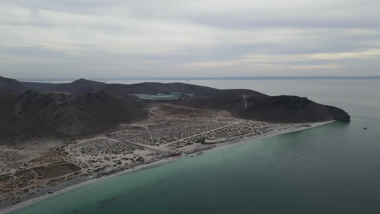 Aerial view of El Tecolote beach on the Baja California Sur peninsula, in La Paz, Mexico