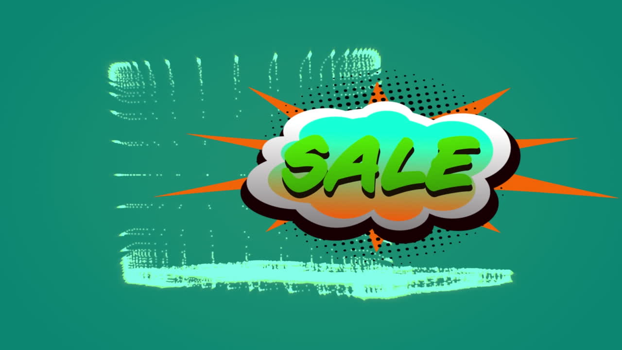 3d 노트북 모델이 녹색 배경에 회전하는 3d 노트북 모델에 대한 레트로 스피치 버블에 대한 판매 텍스트