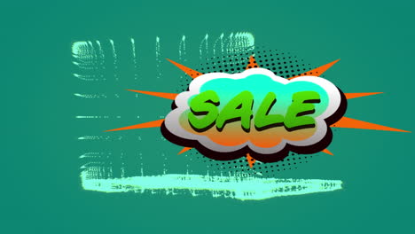 sale text over retro speech bubble against 3d laptop model spinning on green background