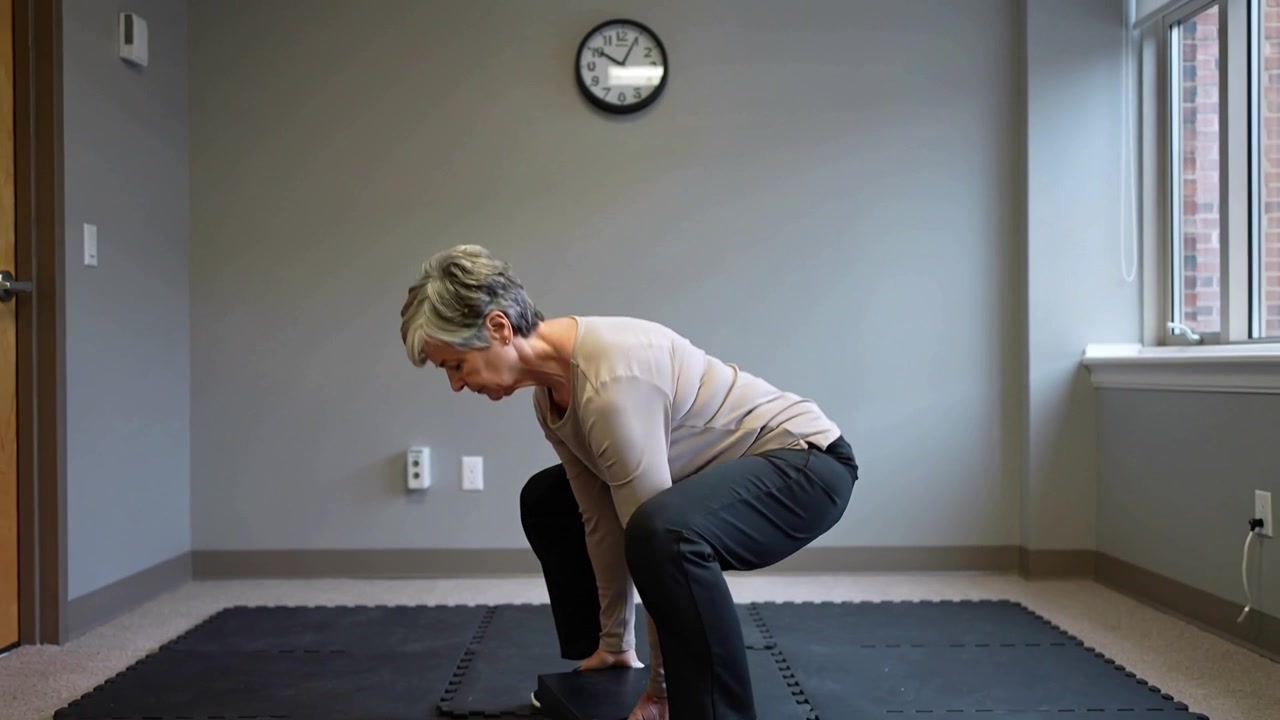 Leaning, senior woman in beige top picking up black yoga block in therapy room for balance