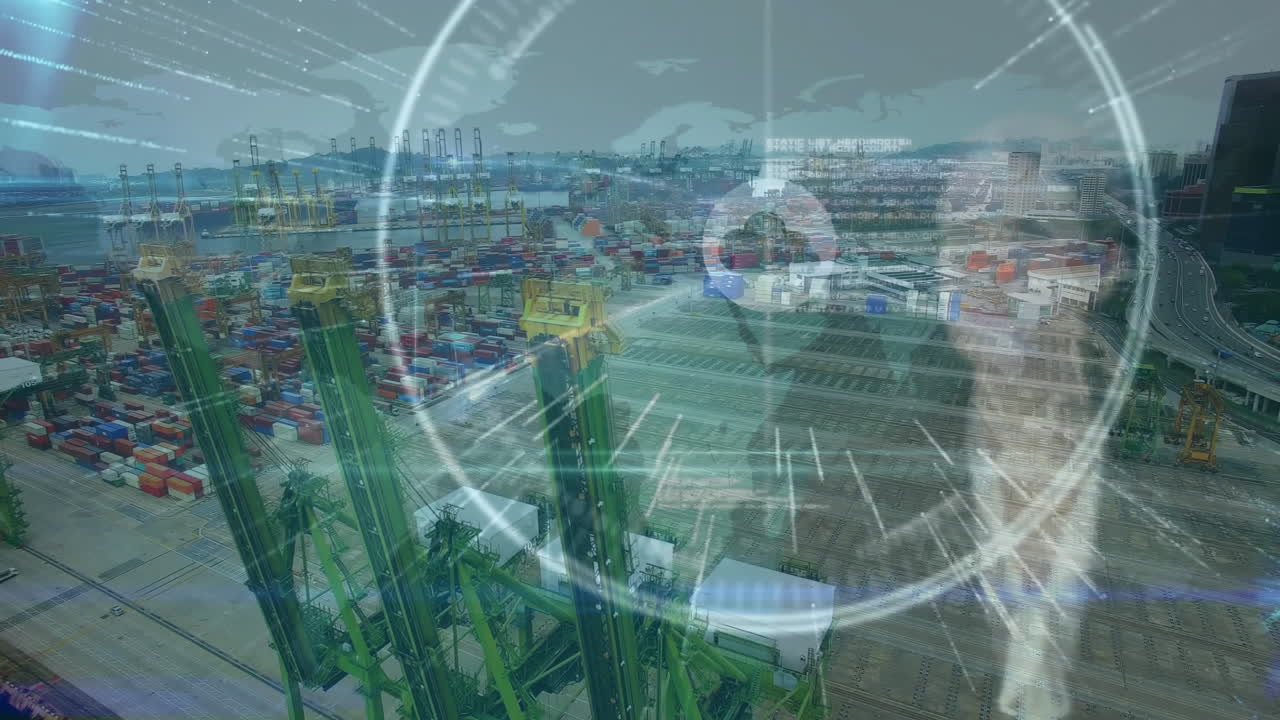 Futuristic digital interface animation over busy shipping port with containers
