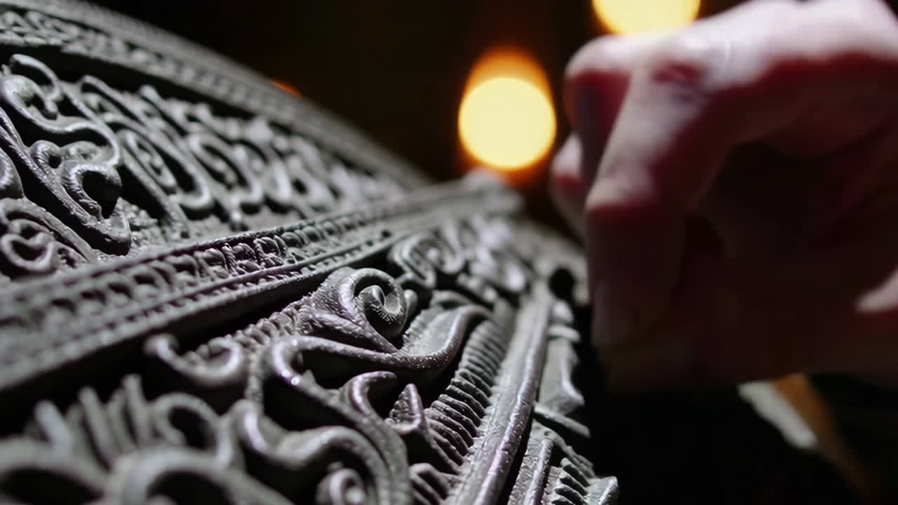 Close-up of a hand examining intricate carvings on an ancient metal artifact