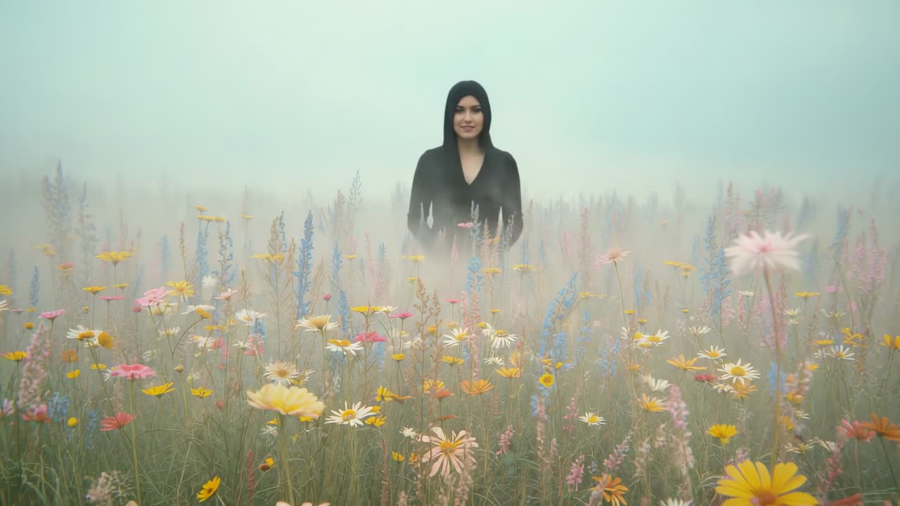 Drifting fog enveloping wildflower meadow, woman emerging wearing black top through bright blooms