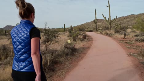 mujer con chaleco azul caminando por un sendero pavimentado en el desierto