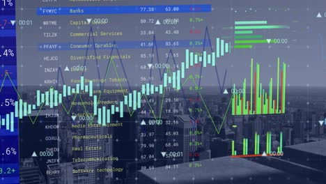 Animación-Del-Procesamiento-De-Datos-Financieros-Sobre-El-Paisaje-Urbano