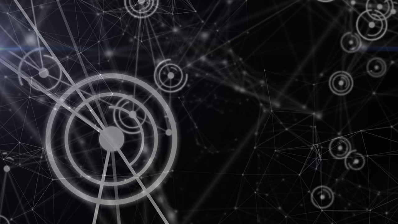 Animazione di una rete di connessioni con icone su sfondo blu