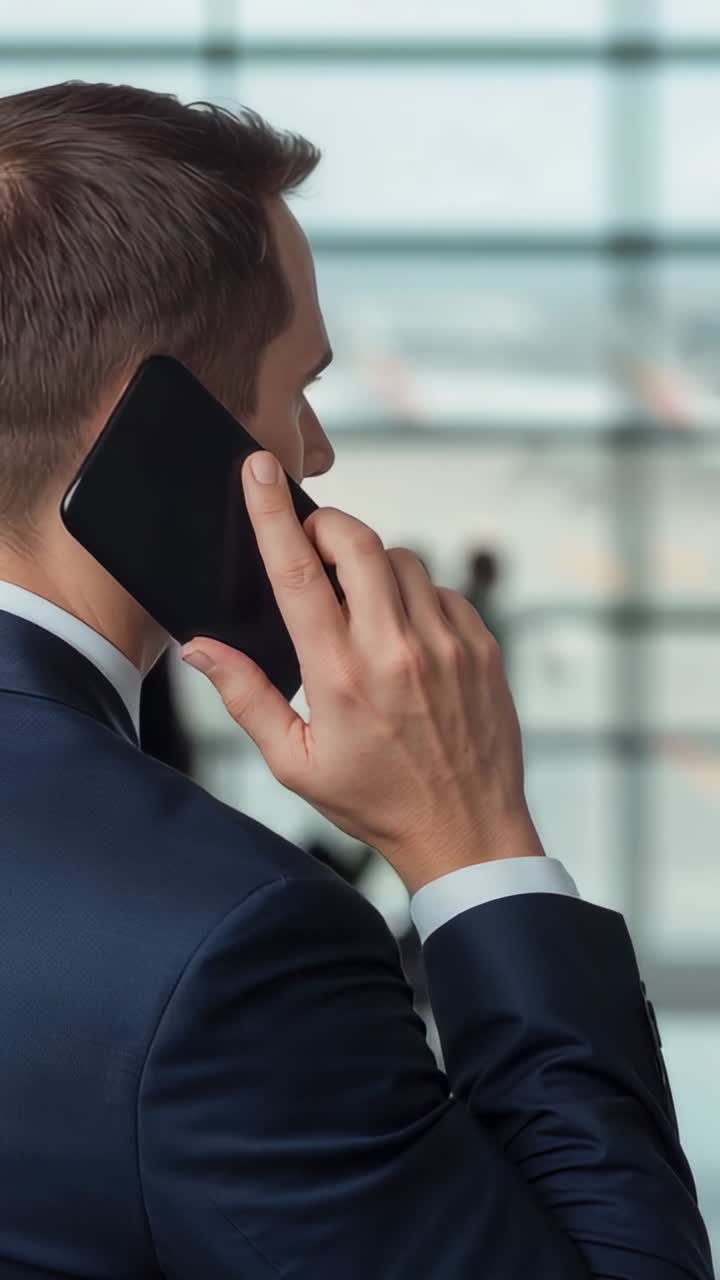 Vertical video: Receiving call, executive holding phone speaking near airport view, copy space
