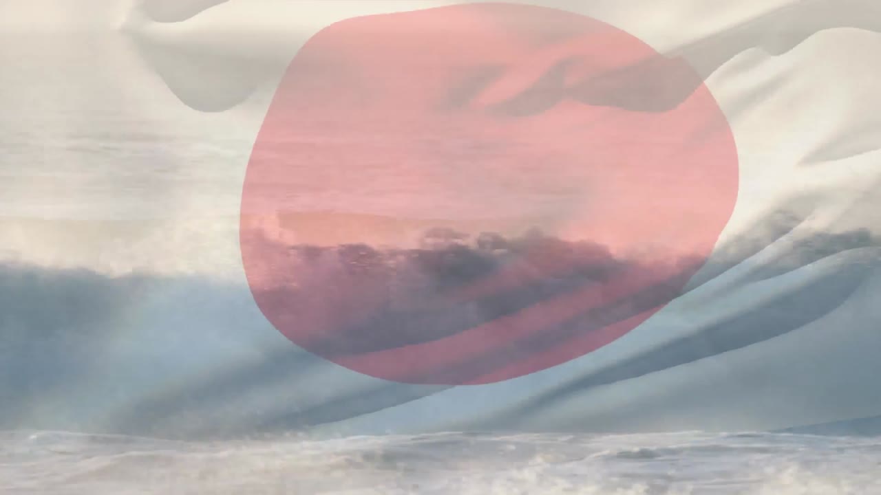 animación de la bandera de japón ondeando sobre el paisaje marino de la playa