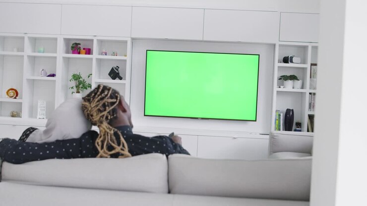 Green screen tv with African couple on sofa
