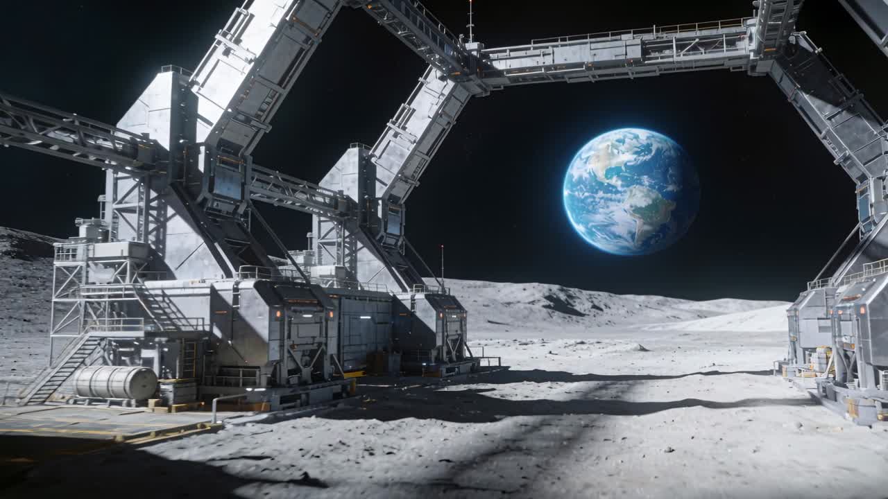 Lunar outpost under hex gantry, revealing modules, tanks, regolith, Earth hovering above horizon