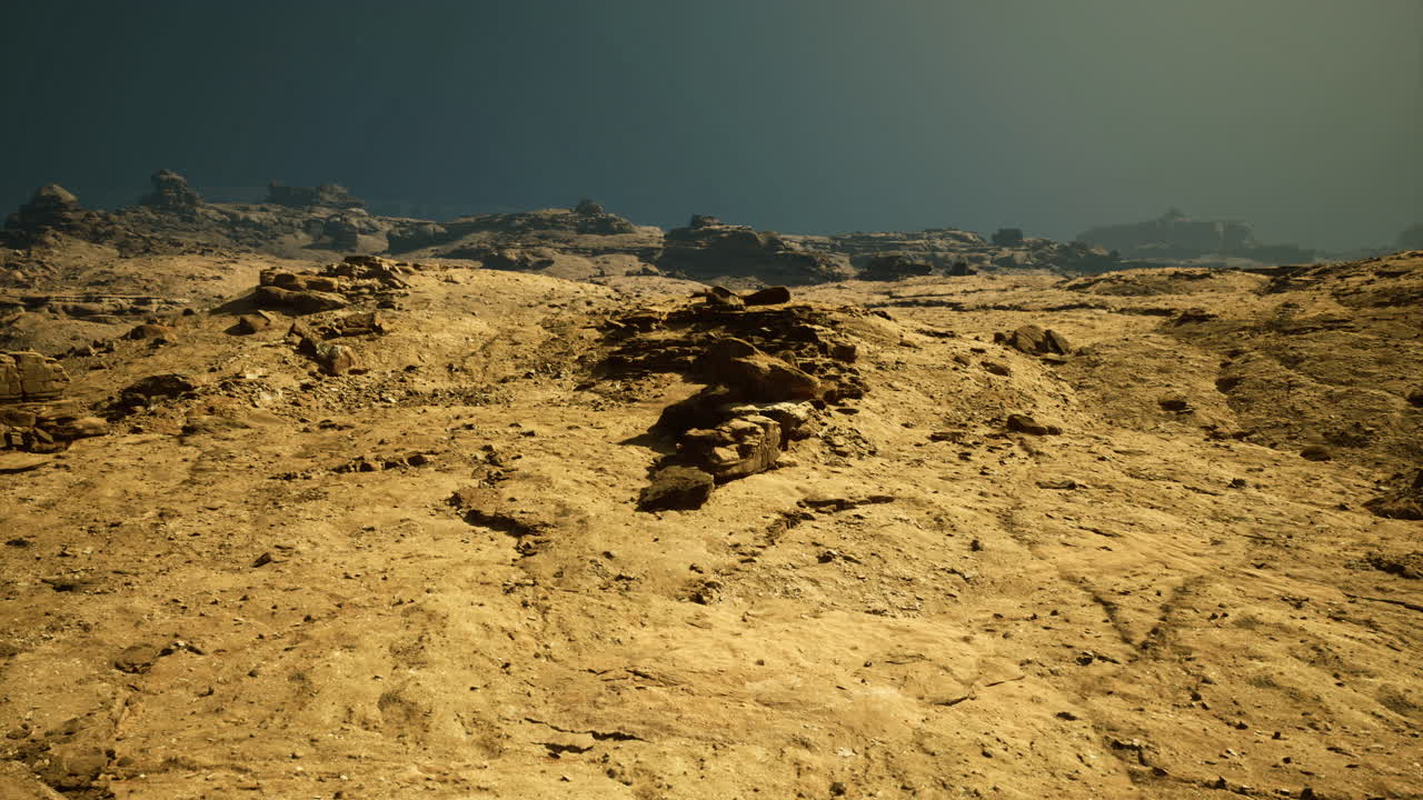 Exploring the golden terrain of a distant planet under a deep sky