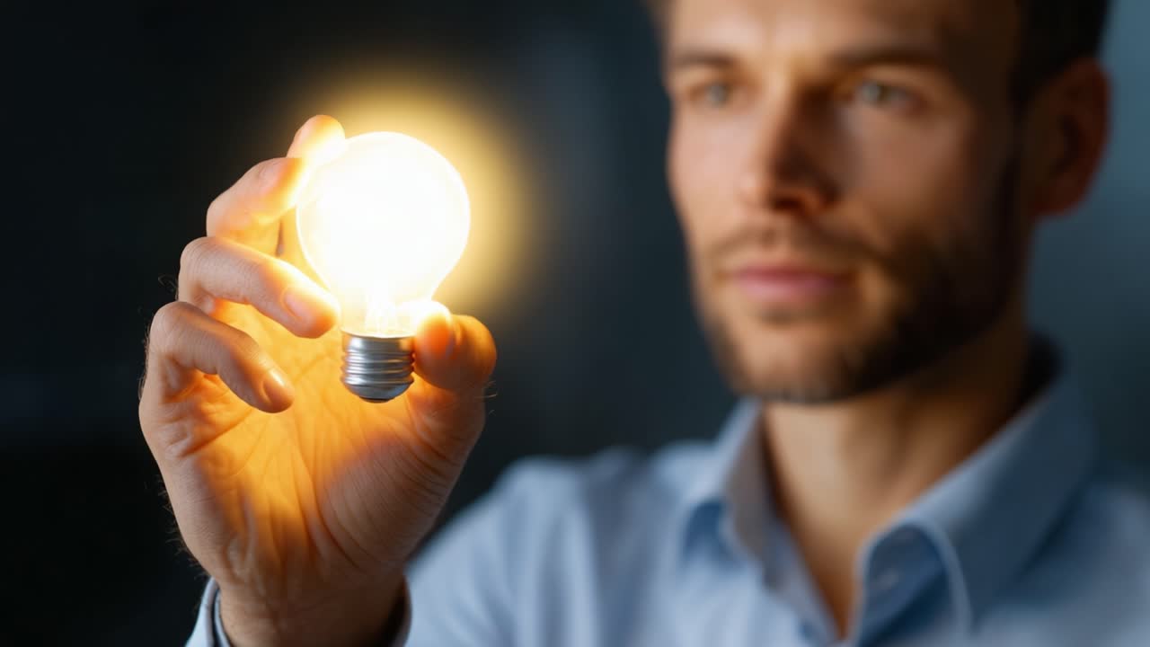A man holding a light bulb, symbolizing ideas and innovation, captures the transformative power of creativity and inspiration in a moment of contemplation and focus