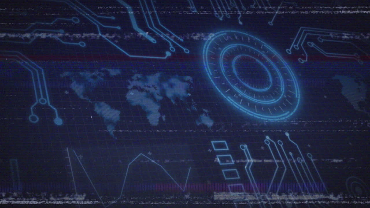 Animation of digital circuit patterns and world map on blue technological background