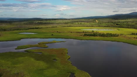 AERIAL:-Flying-over-calm-lakes-and-green-meadows-with-forests-and-mountains-in-background-in-Alaska-USA