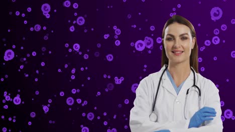Animation-of-happy-female-doctor-over-purple-cells-on-violet-background