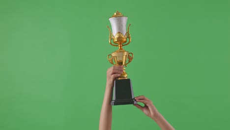 raised hands of a woman are holding a trophy. green screen background