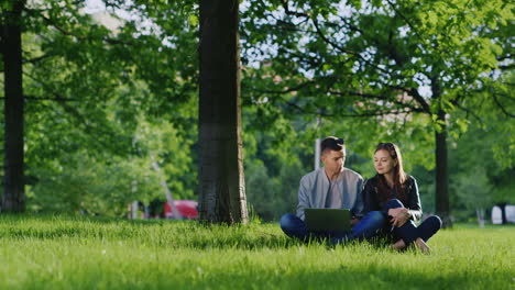 Junges-Süßes-Paar,-Das-Einen-Laptop-Genießt,-Der-Auf-Dem-Gras-Im-Park-Unter-Einem-Baum-HD-Video-Sitzt