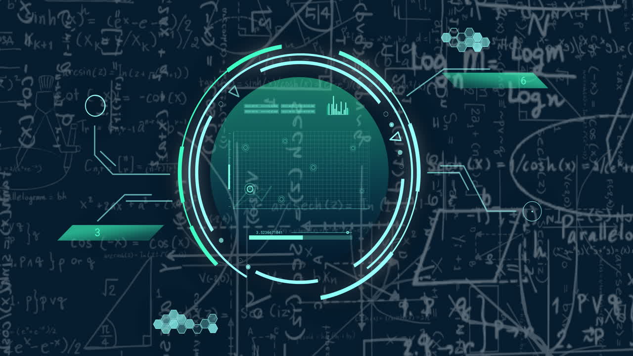 검은색 배경에 수학적 방정식에 대한 데이터 처리 애니메이션