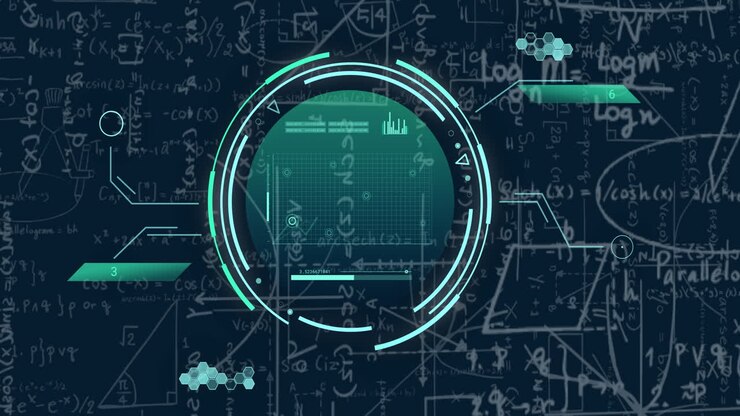 Animation of data processing over mathematical equations on black background