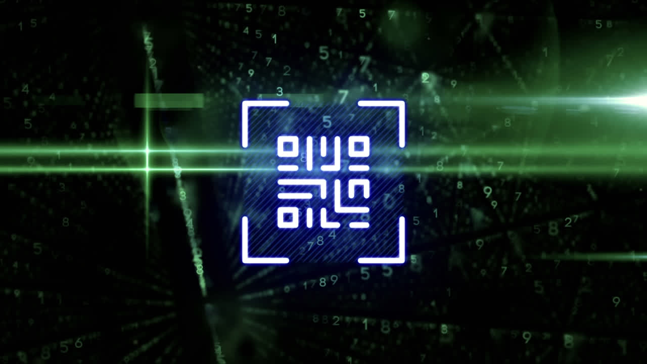 Digital animation of glowing neon blue qr code against rows of changing numbers on green background