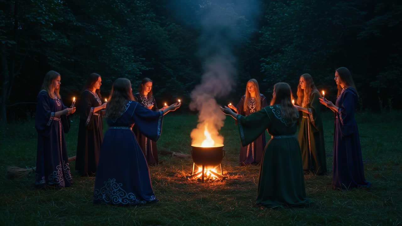 Group of women performing a mystical ritual with fire and candles in a forest