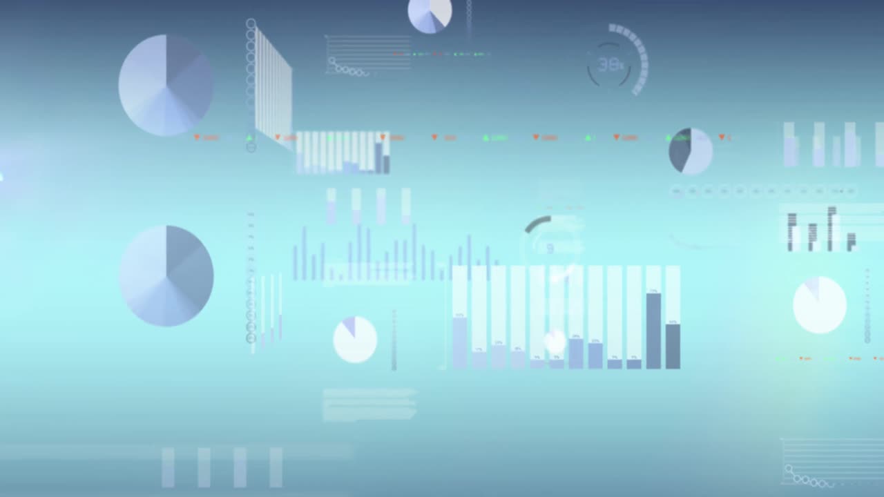 Animation of multiple graphs, loading circles and trading board against blue background